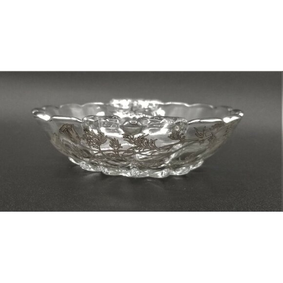 Sterling Silver Floral Overlay Glass Candy Dish Scalloped 2 Reticulated Handles - Picture 4 of 10